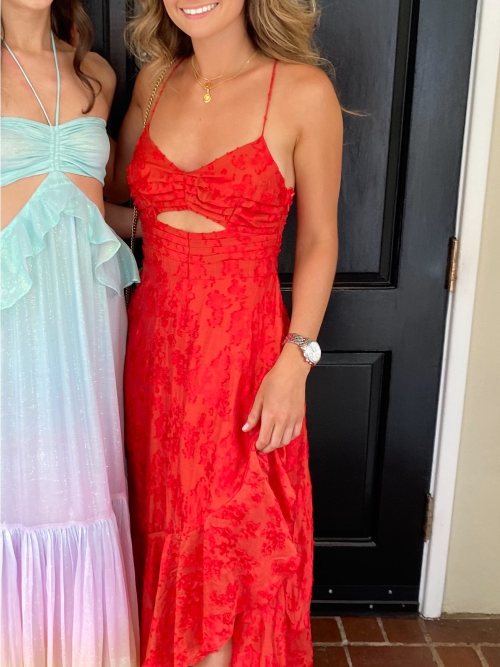 Free People Red Spaghetti-Strap Maxi with Front Cutout